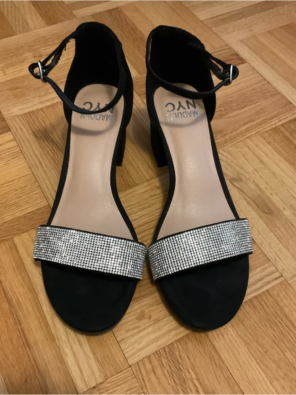 Madden NYC Women's Black Ankle-Strap Block Heel with Silver Rhinestone - Size 7